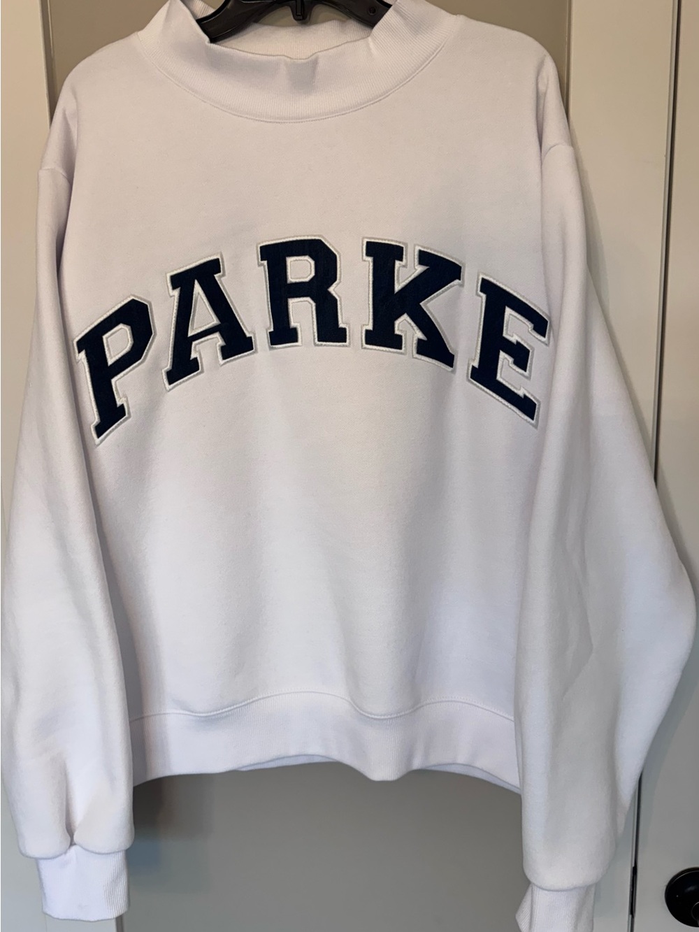 White PARKE OG Varsity Mockneck-White+Denim. New with tags. Size L/XL